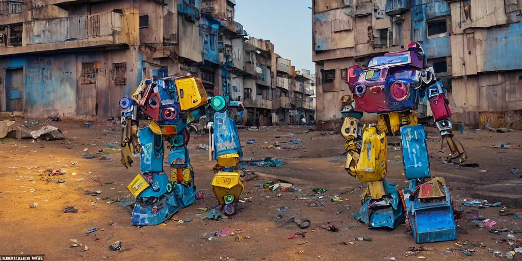 Image similar to colourful - damaged - giant mecha ROBOT of AJEGUNLE SLUMS of Lagos, markings on robot, Golden Hour, in the style of Ghibli,