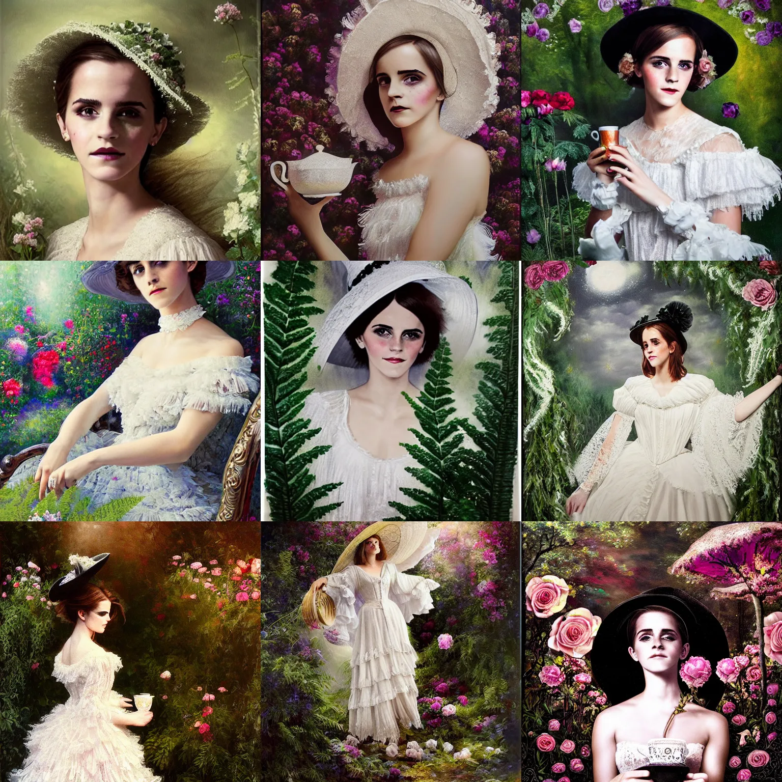 Prompt: full body model emma watson smokey eyes makeup eye shadow textured film grain oil on canvas fantasy, glow, shimmer as victorian woman in a long white frilly lace dress and a large white hat having tea in a sunroom filled with flowers, roses and lush fern flowers ,intricate, night, highly detailed, dramatic lighting , high quality