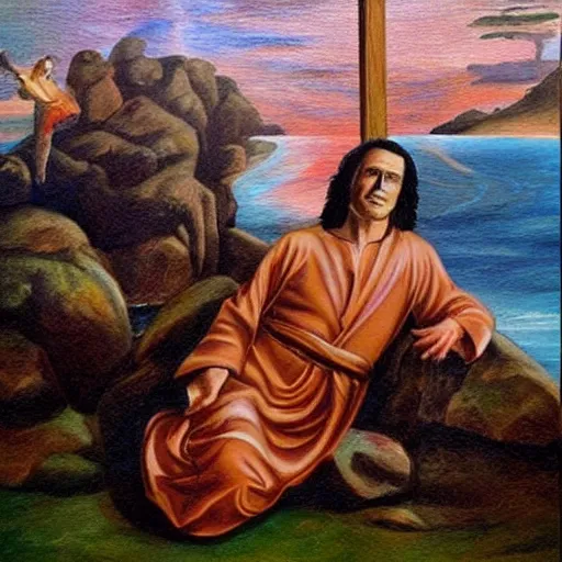 Prompt: tommy wiseau jesus break dances on the water, biblical, oil painting, sunny, beautiful