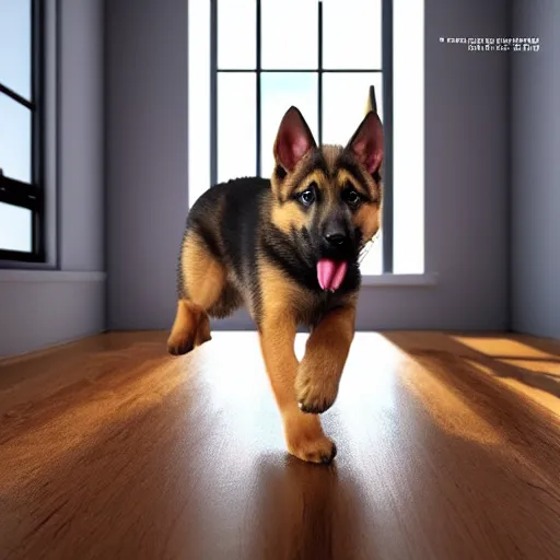 Prompt: in my bedroom my gsd puppy gets the'zoomies'and jumps around on the bed and color comforter. high energy, frenetic craziness, running, jumping, and chasing. cg animation, 3 d octane render, imax 7 0 mm, rtx
