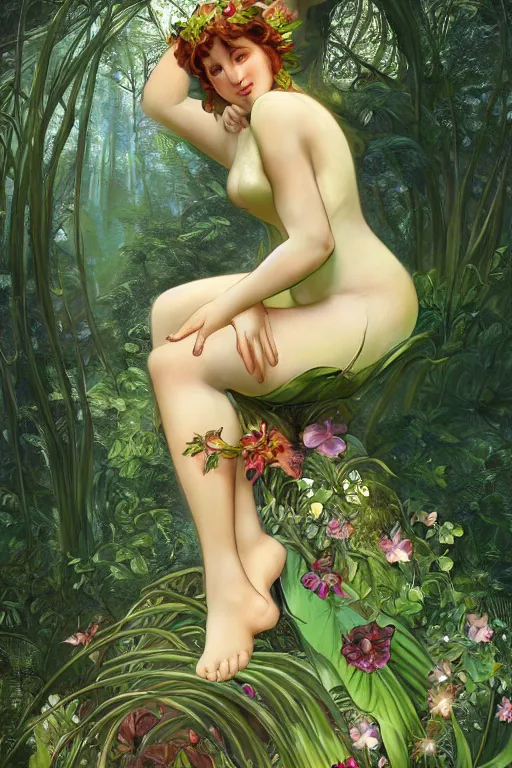 Image similar to Curvaceous fairy goddess sitting on a vivid flower in a lush green forest, Mark Arian, Alphonse Mucha, highly detailed, intricate, dynamic lighting, ambient lighting, octane render, 8k