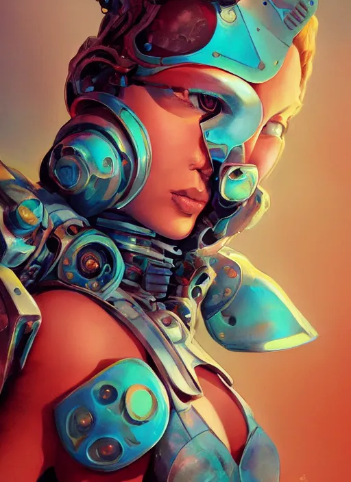 Image similar to symmetry!! dynamic pose! closeup portrait of a cyborg valkyree girl, fashion cyborg jumpsuit, shoulder pads, cinematic light, backlight, teal orange, volumetric clouds, by gerald brom, by mikhail vrubel, by peter elson, muted colors, extreme detail, trending on artstation, 8 k