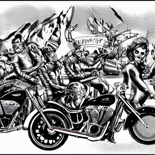 Prompt: motorcycle gang outside of bar night sky stars cartoon style drawn by jack kirby artstation 4 k 8 k graphic novel concept art matte painting