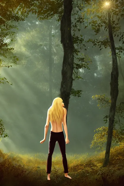 Image similar to pretty young man with long golden blond hair, hair made of gold, demure, slender, back view, lost, trees, detailed forest background, webtoon, breathtaking scenery, colourful, 8 k, graphic novel, digital art trending on artstation, volumetric lighting, octane render, cinematic, hyper detailed, magical atmosphere, magical forest