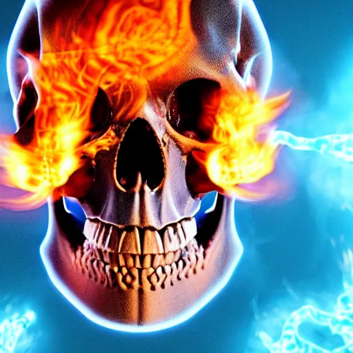 Image similar to a highly detailed human skull covered with intricate designs with fire for eyes on fire in front of a neon blue background, 3 d, colorful, octane render, symmetrical, hyper realism, highly detailed, digital art, artstation, concept art, cinematic lighting, strong bokeh, trending