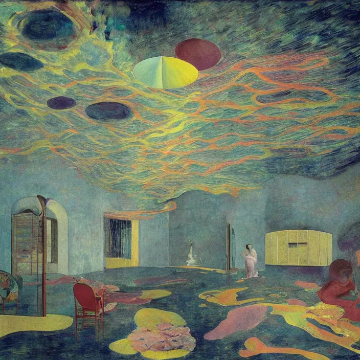 Image similar to interior of a house flooded. aurora borealis. iridescent, psychedelic colors. painting by balthus, piero della francesca, agnes pelton, utamaro, monet