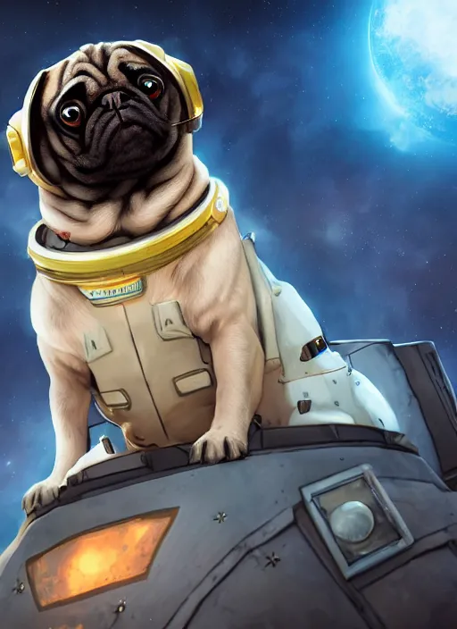 Image similar to An epic fantasy comic book style portrait painting of a pug astronaut in space, unreal 5, DAZ, hyperrealistic, octane render, cosplay, RPG portrait, dynamic lighting