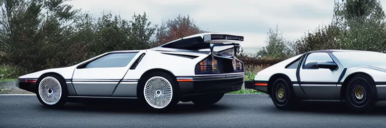 Image similar to a single delorean and tesla roadster hybrid, dslr