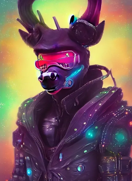 Image similar to award winning beautiful portrait commission of a male furry anthro Black Reindeer cyberpunk fursona with a tail, wings, wings, wings and a cute beautiful attractive detailed furry face wearing a crown, stylish black and rainbow galaxy clothes, outline, in a cyberpunk city at night while it rains. Character design by charlie bowater, ross tran, artgerm, and makoto shinkai, detailed, inked, western comic book art