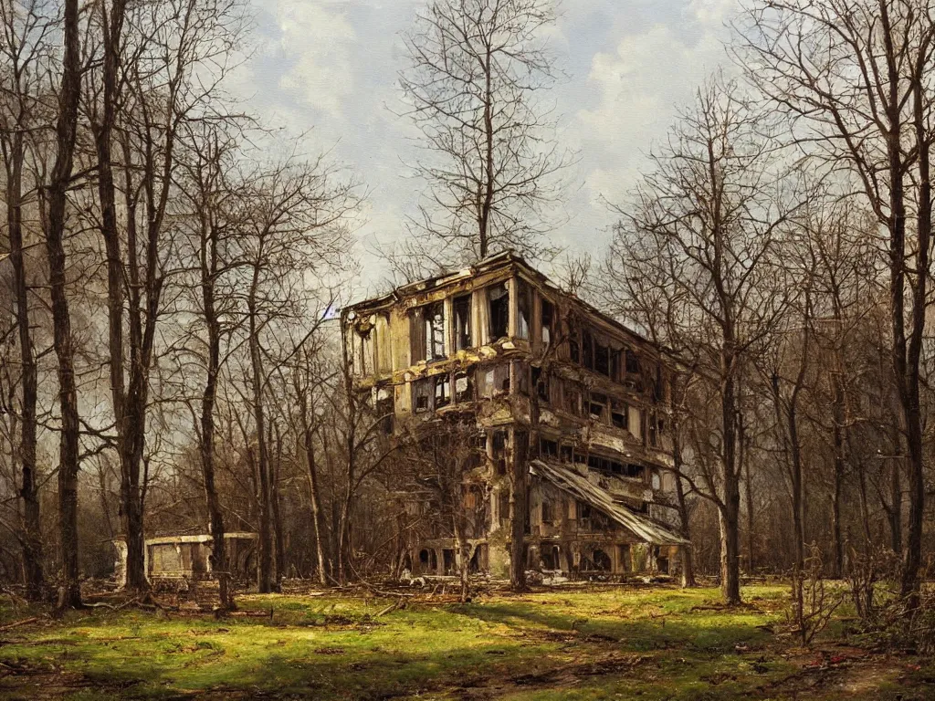 Image similar to A beautiful painting of a dilapidated post-modern building in the wood, by Paul Gustav Fischer, Trending on artstation, very detailed