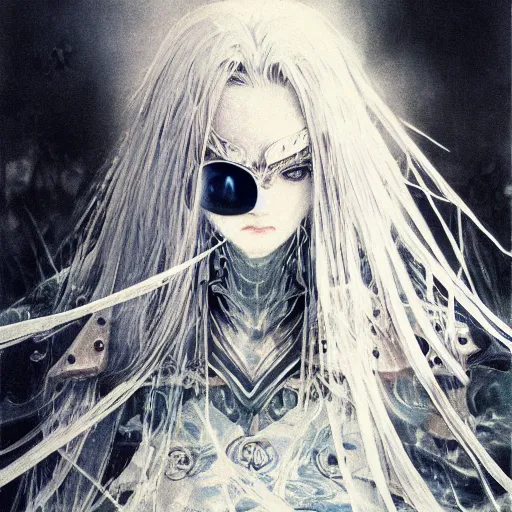 Image similar to Yoshitaka Amano blurred and dreamy illustration of an anime girl with pirate eye patch, wavy white hair and cracks on her face wearing Elden ring armour with the cape fluttering in the wind, abstract black and white patterns on the background, noisy film grain effect, highly detailed, Renaissance oil painting, weird portrait angle