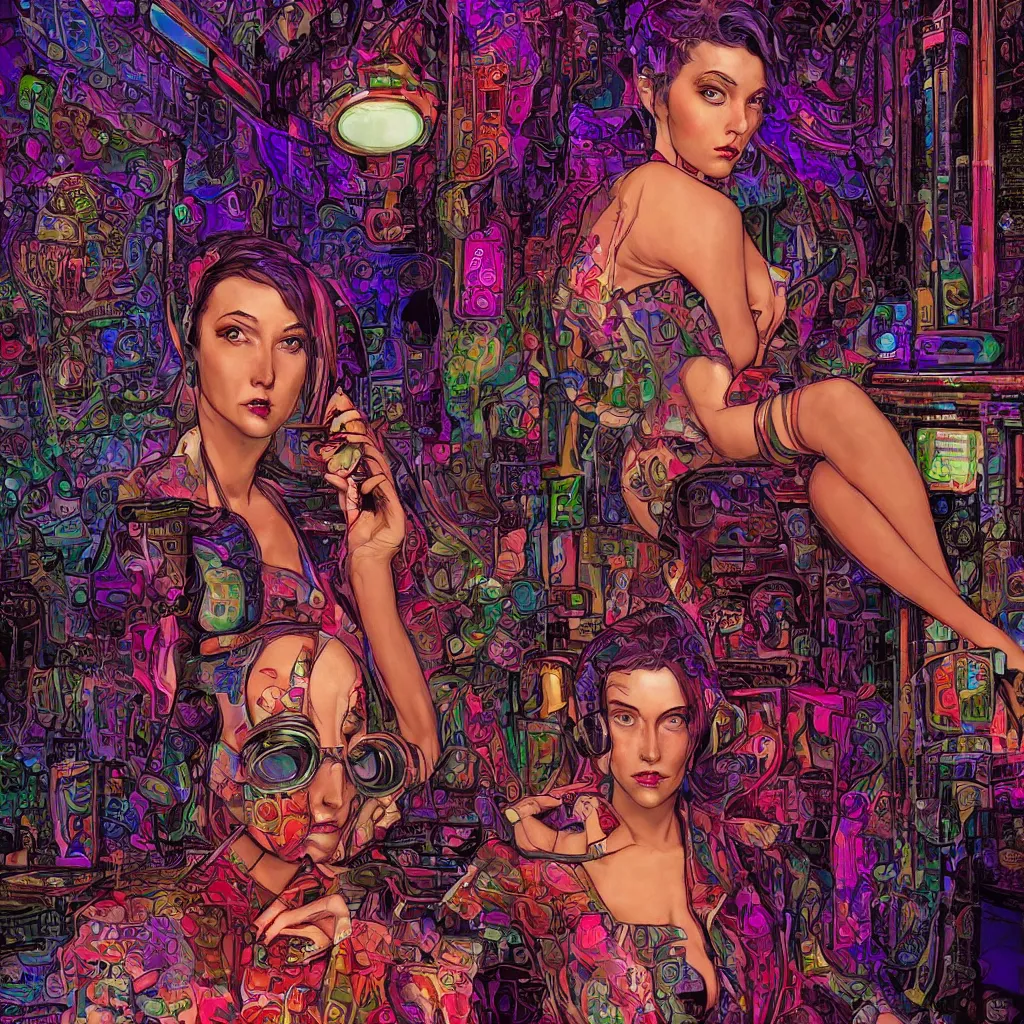 Image similar to beautiful psychedelic digital art of a beautiful cyberpunk lady in a cozy bar by Mad Dog Jones, Norman Rockwell and Ben Erdt