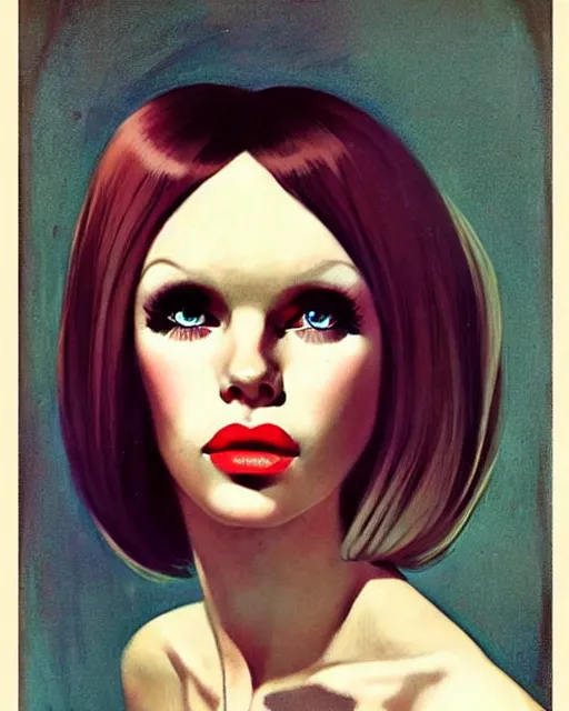 Prompt: portrait 1 9 6 0 s elegant blonde beautiful mod girl, long straight 6 0 s hair with bangs, groovy, occult, by brom, tom bagshaw, sargent