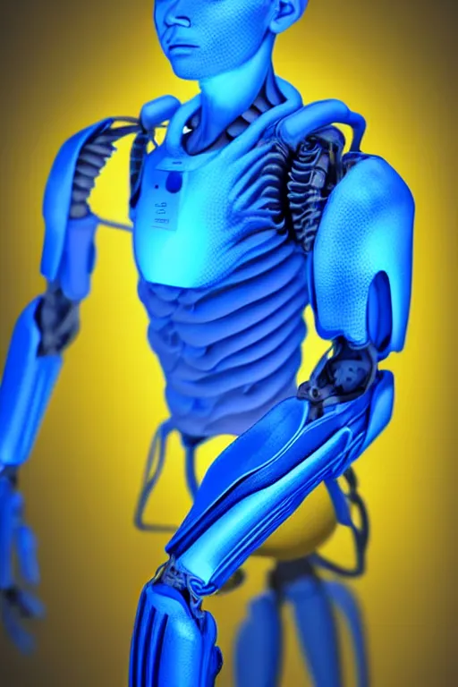 Image similar to hyperrealistic close-up blue glow exoskeleton!! chinese man covered highly detailed concept art eric zener elson peter cinematic side soft yellow light low angle hd 8k sharp shallow depth of field