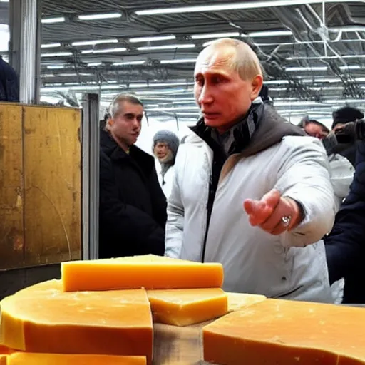 Prompt: close up of vladimir putin visiting a cheese market