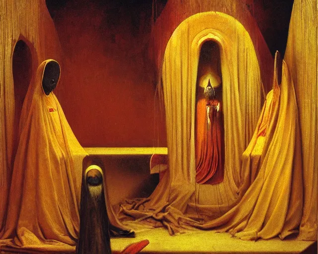 Prompt: devotion to the scarlet woman, priestess in a conical hat, coronation, ritual, sacrament, by francis bacon, beksinski, bosch, mystical redscale photography, opulence, luxury, maximalism.