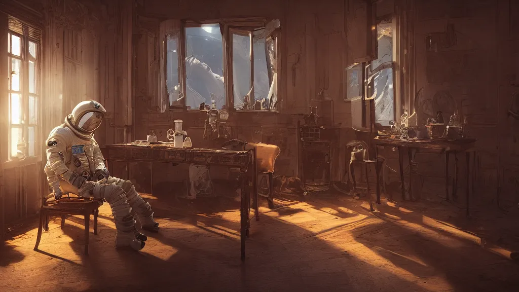 Image similar to a single cosmonaut in a spacesuit drinks steaming tea at an old wooden desk in a richly decorated Victorian house. the autumn light comes in through a window and dimly illuminates the room, diffuse light, octane render