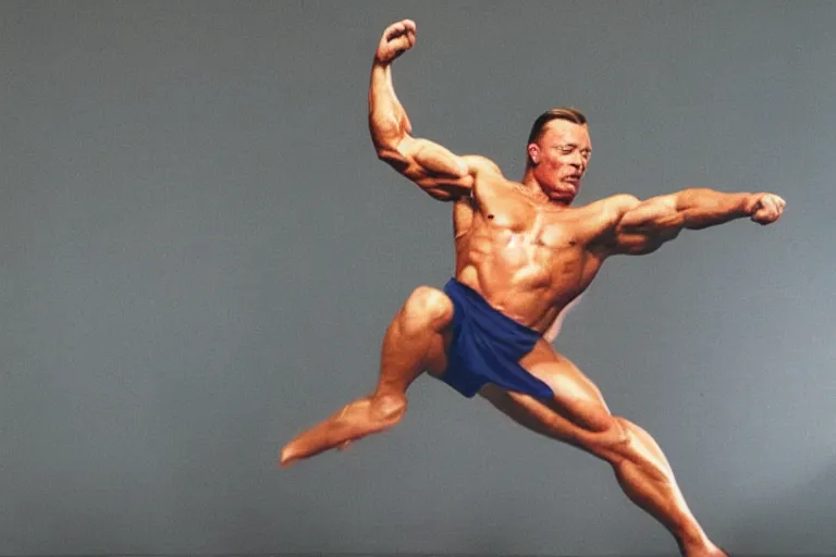 Image similar to hyperrealistic 1999 Jean Claude Vandamme doing the splits, looking angry, doing the spilts with his legs going pointing two separate directions, over a toilet, golden hour, smiling, award winning