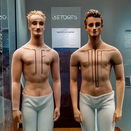 Image similar to “a realistic detailed photo of a guy who is an attractive humanoid who is half robot and half humanoid, who is a male android, British diver Jack Laugher & Chris Mears, shiny skin, posing like a statue, blank stare, at the museum, on display”