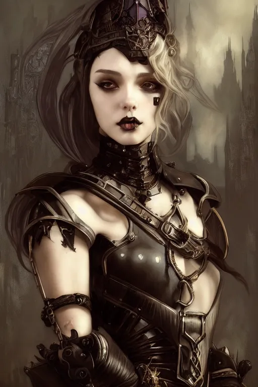 Image similar to beautiful and gothic and evil and luxury and dieselpunk young medieval female knight portrait +smoky eyes+front face with light flowing hair, ultradetail face, art and illustration by tian zi and craig mullins and WLOP and alphonse mucha, fantasy, intricate complexity, human structure, human anatomy, fantasy character concept, watermark, blurry, hyperrealism 8k