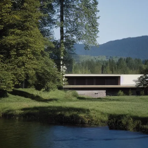 Prompt: a house by the river designed by peter zumthor