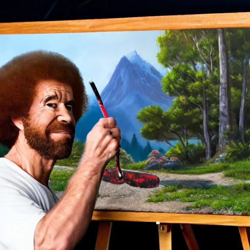 Image similar to a closeup photorealistic photograph of bob ross working on a canvas painting of deadpool. film still. brightly lit scene. mountains and trees. this 4 k hd image is trending on artstation, featured on behance, well - rendered, extra crisp, features intricate detail, epic composition and the style of unreal engine.