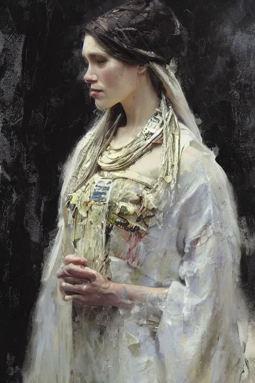 Image similar to Richard Schmid and Jeremy Lipking full length portrait painting of a young beautiful woman priestess in elaborate costume