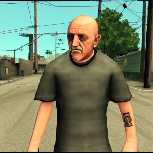 Image similar to Mike Ehrmantraut in Grove Street, screenshot from the PS2 version of GTA San Andreas