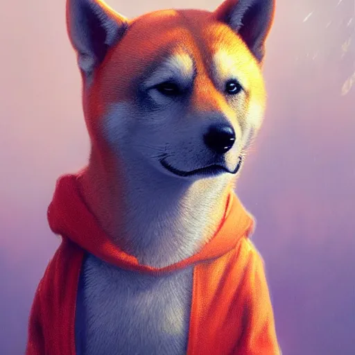 Prompt: a aesthetic award winning commission of a antrho shiba inu wearing an orange hoodie,art by greg rutkowski,character design by charles bowater,ross tran,hyperdetailed,photorealistoc,detailed face,4k,cute,artstation,deviantart