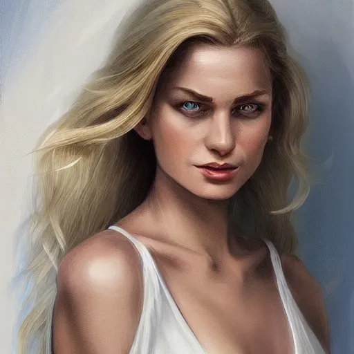 Prompt: portrait of a woman, blonde hair, blue eyes, white dress, elegant, highly detailed, trending on artstation, concept art, professional illustration, rutkowski -6