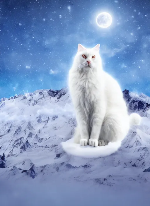 Prompt: giant white cat on a snowy mountain with lightning coming out of its hands, blue sky background with moon