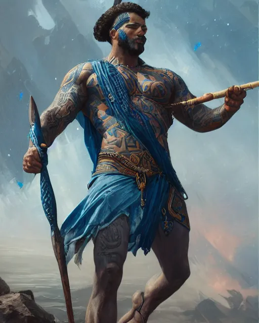 Prompt: a beautiful action portrait of an Atlantis prince, blue-fabric, tattoos, holding a trident, by Greg Rutkowski and Raymond Swanland, Trending on Artstation, ultra realistic digital art