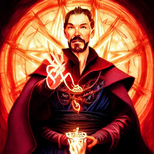 Image similar to Portrait of evil Dr Strange performing a satanic ritual, elegant, digital painting, highly detailed, fantasy, artstation, concept art, smooth, sharp focus