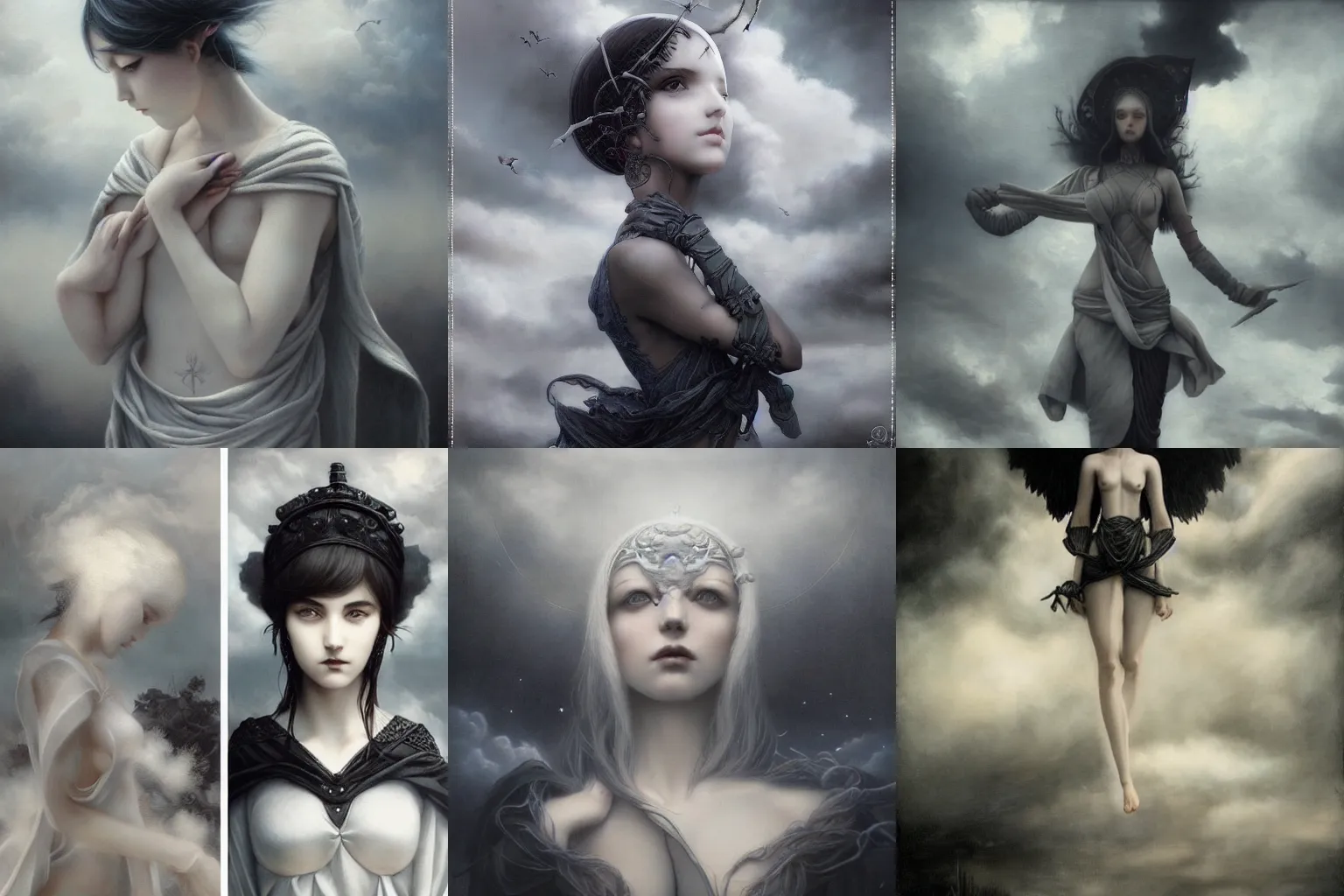 Prompt: By Tom Bagshaw, ultra realist soft painting of a selection of anime miniature dressed figurines, symmetry accurate features, very intricate details, ominous sky, black and white, volumetric light clouds