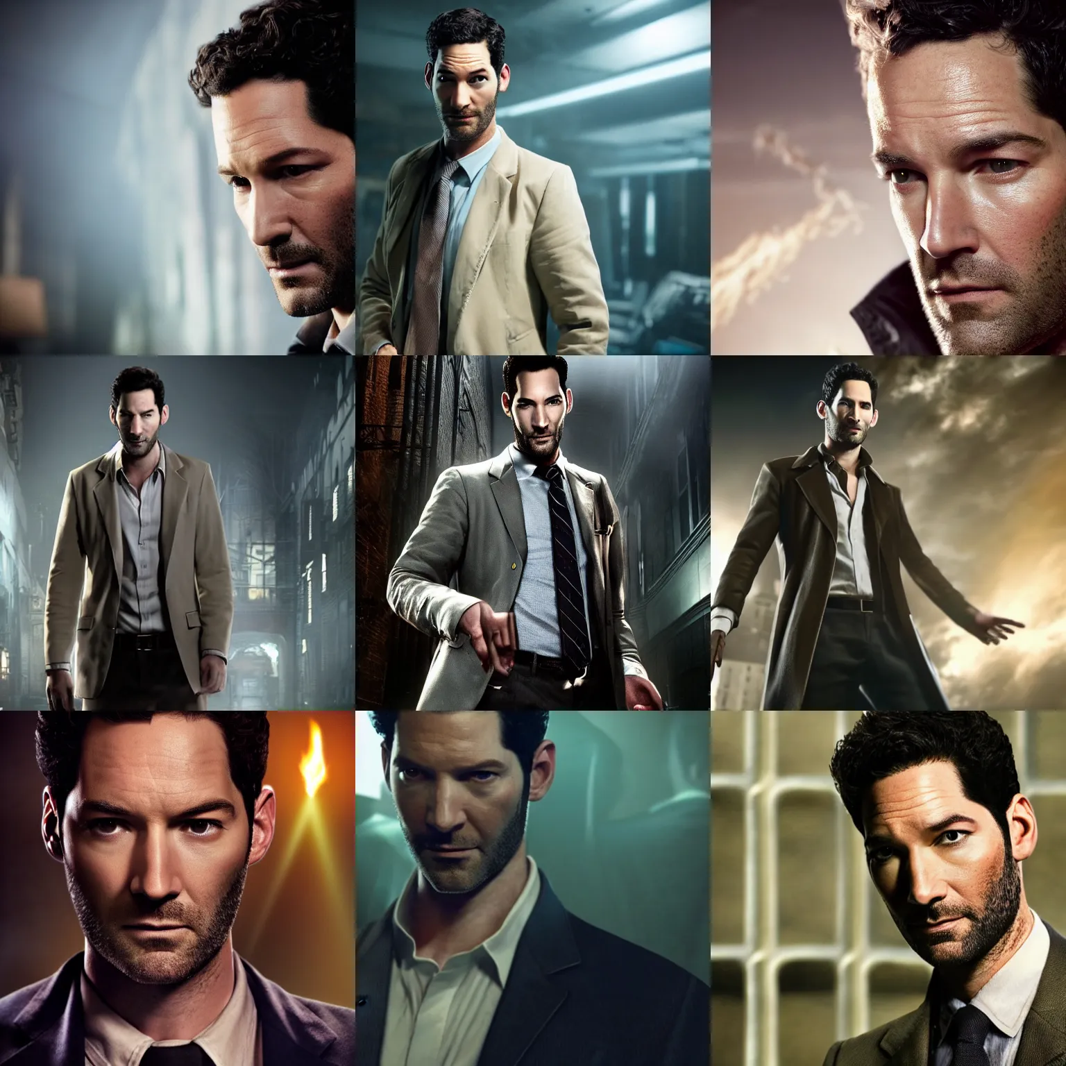 Prompt: A still of Tom Ellis as John Constantine, award winning photo, unreal engine, highly detailed features