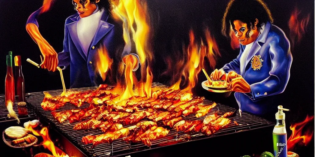 Image similar to michael jackson cooking a bbq in heaven, abstract oil painting by gottfried helnwein pablo amaringo raqib shaw zeiss lens sharp focus high contrast chiaroscuro gold complex intricate bejeweled