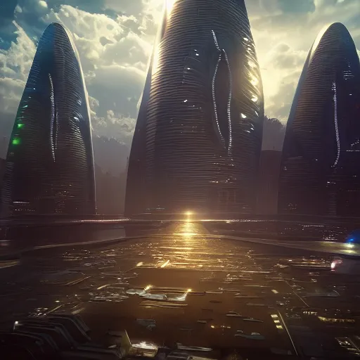 Image similar to The futuristic sci-fi city has extremely tal buildings, a giant spaceship is floating over the city, the background has a detailed heavenly lit exterior with iridescent light, matte painting, concept art, dramatic lighting, golden hour, 4k, 8k, trending on Artstation, realistic