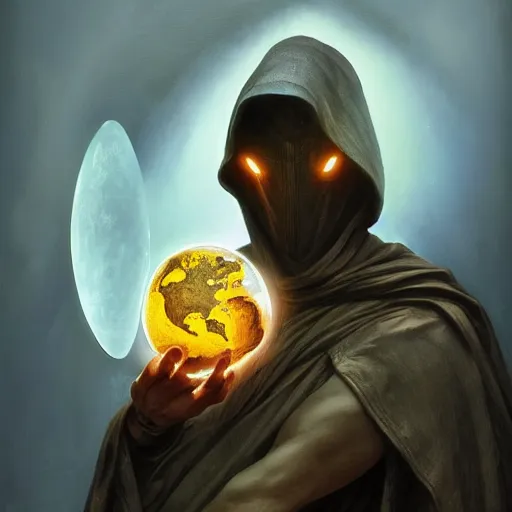 Prompt: masked nomad male wearing a cloak and holding a holographic planet projection in his hand, detailed, sci - fi, digital painting, artstation, sharp focus, illustration, ominous, artgerm, tomasz alen kopera, peter mohrbacher, donato giancola, joseph christian leyendecker, wlop, frank frazetta