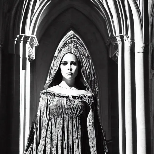 Prompt: black and white movie shot, landcape, architectural shot, no decaying lines, background of an alabaster gothic cathedral, with long ephimeral windows with reflection of flames, as subject a gothic woman with an intricate arabesque detailed black dressed, macro head face