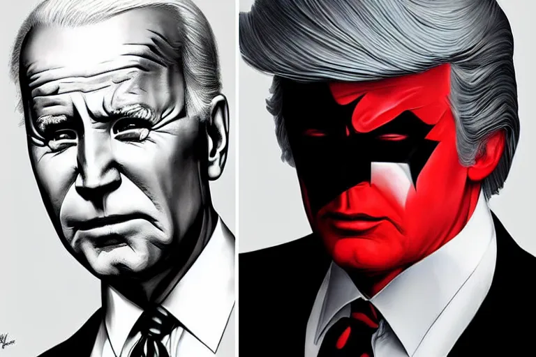 Prompt: Joe biden as batman vs donal trump as joker beautiful androgynous prince, featured on artstation, cinematic chiaroscuro, digital art by Leyendecker and Norman Rockwell