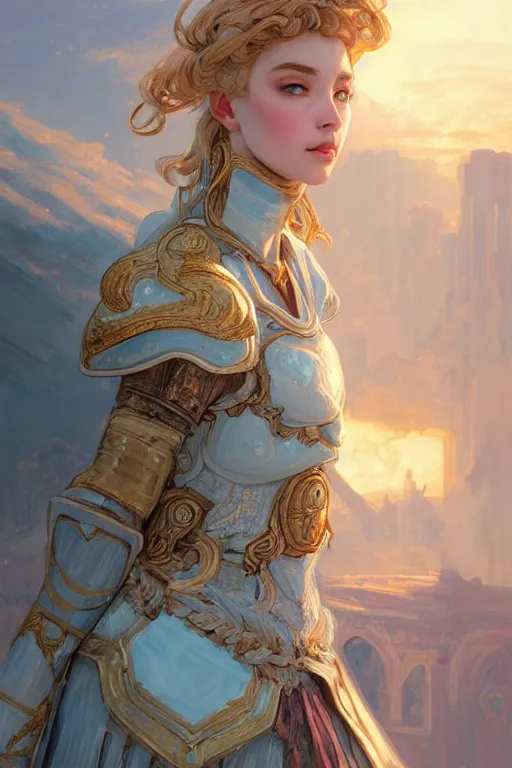 Image similar to portrait young knights of Zodiac girl, rose golden and ice blue armor, in ruined Agora of Athens Sunrise, ssci-fi and fantasy, intricate and very beautiful and elegant, highly detailed, digital painting, artstation, concept art, smooth and sharp focus, illustration, art by tian zi and WLOP and alphonse mucha