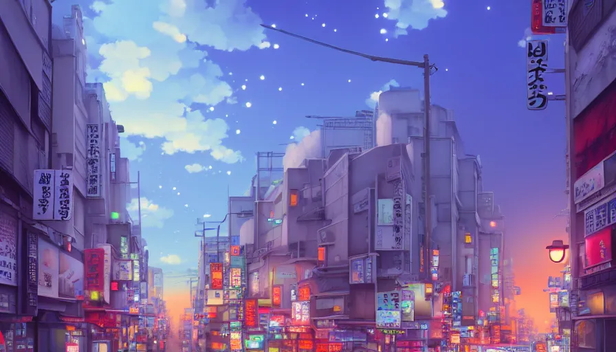 Image similar to A highly detailed digital art painting of Tokyo street, shimmering cloudy sky by Studio Ghibli, Makoto Shinkai, (((Makoto Shinkai))) by Artgerm, by beeple, volumetric lighting, octane render, 4K resolution, trending on artstation, masterpiece, vivid colours