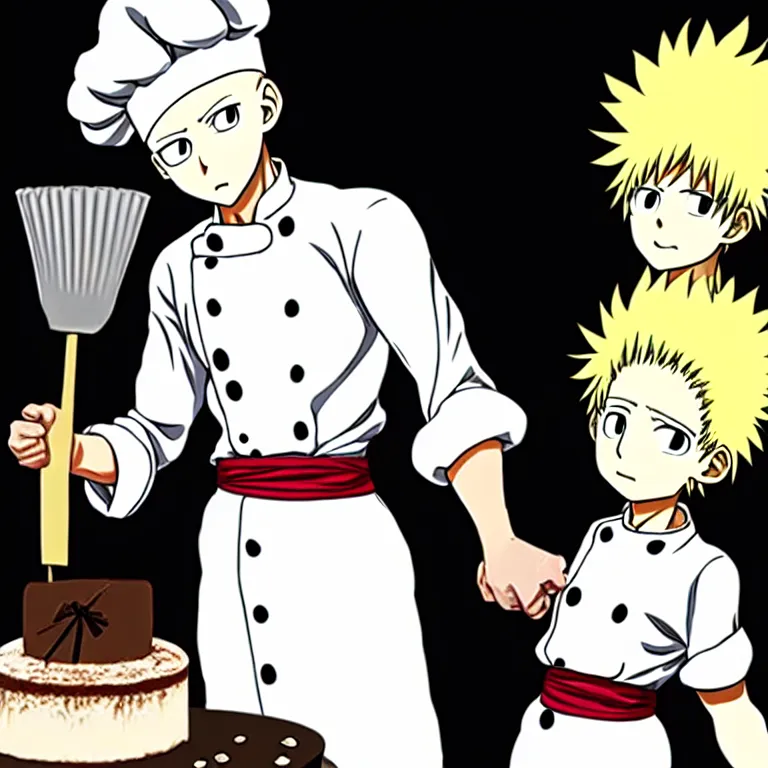 Image similar to chef saitama one punch man, dressed as a pastry chef, making a cake, anime artwork