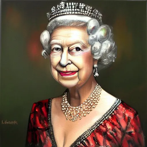 Prompt: oil paining of the queen after having too much plastic surgery