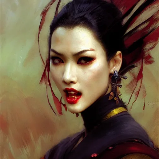 Image similar to detailed cinematic wide shot of beautiful attractive asian vampire woman slim face symettrical face clean skin black eyes black robe smooth, sharp focus, ultra realistic, spring light, painting by gaston bussiere, craig mullins, j. c. leyendecker