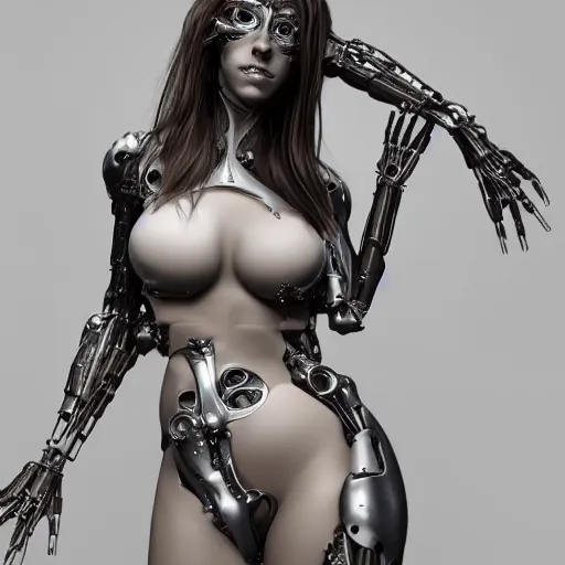 Image similar to biomechanical gina gerson chimera, goddess, chimeric organism, pale skin, organic polycarbon, full frontal, portrait, highly detailed, transhumanist, mendelbrot fractal, ray tracing, photorealistic, cyberpope, hyperdetailed, hyperrealistic, trending on artstation, oppai cyberpunk, octane render, hdr, uhd 4k