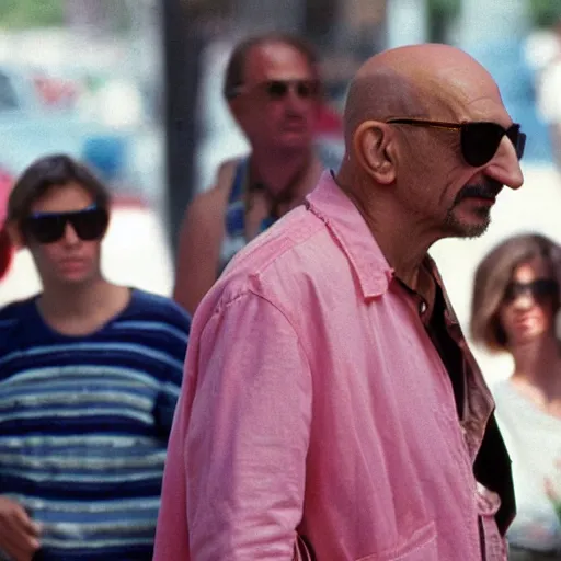 Prompt: ben kingsley wearing oversized pink sunglasses stands in line to buy a big mac. oil painting, 1 9 8 7.