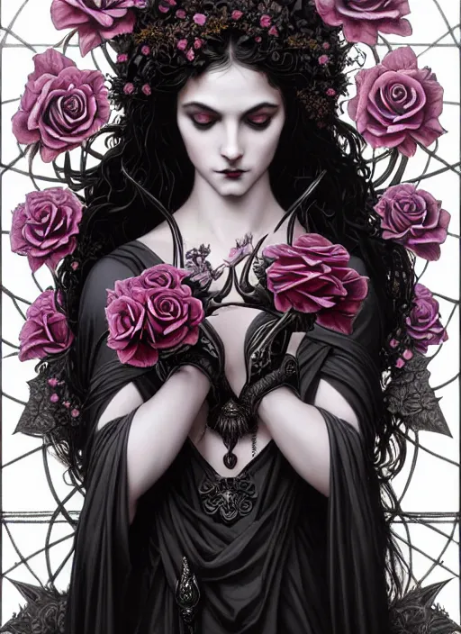 Image similar to perfectly detailed goth goddess of black rose flowers!! blessed by nature with ever - increasing physical mental perfection, symmetrical! intricate, sensual features, highly detailed, biblical divine holy perfection!! digital painting, artstation, concept art, smooth, sharp focus, illustration, art by artgerm and greg rutkowski and alphonse mucha