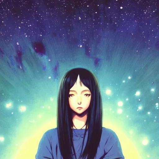 Image similar to A cosmic girl with big and cute eyes, holding the earth || VERY ANIME, fine-face, realistic shaded perfect face, fine details. Anime. realistic shaded lighting poster by Ilya Kuvshinov katsuhiro otomo ghost-in-the-shell, magali villeneuve, artgerm, Jeremy Lipkin and Michael Garmash, Rob Rey and Kentarõ Miura style, trending on art station