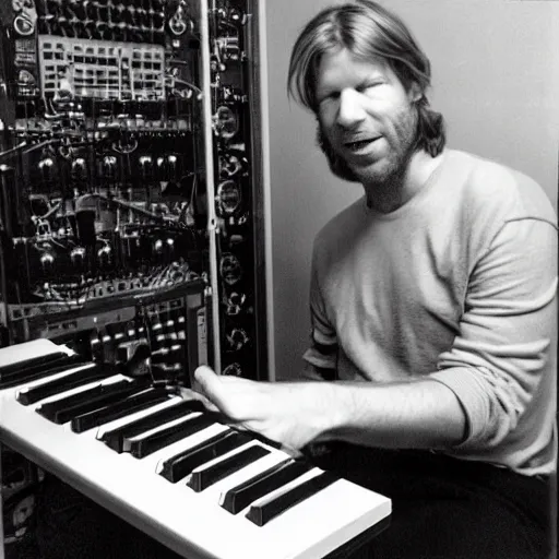 Image similar to Aphex Twin playing with his homemade synthesizers